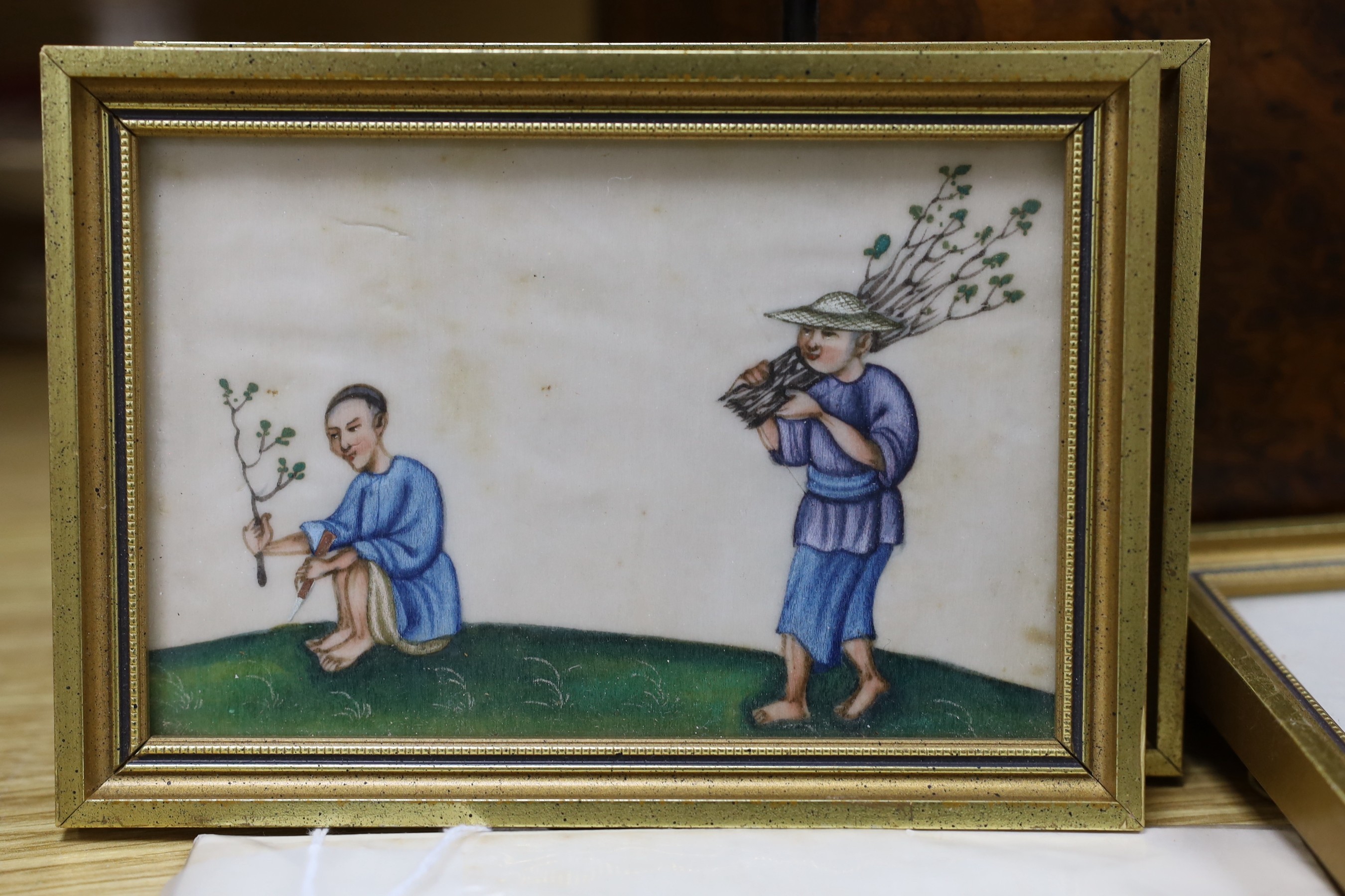 19th century Chinese School, four gouaches on pith paper, Studies of tea pickers, 9.5 x 14cm